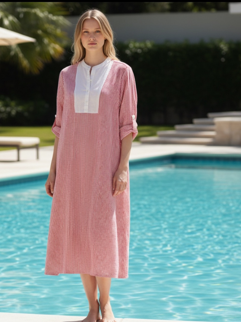 Madison Matthew’s Striped Red and White Midi Tunic Dress with Contrast Placket